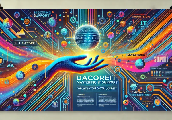 DALL·E 2024-12-23 22.17.50 - A vibrant and colorful horizontal (landscape) poster for DacoreIT with a tech-inspired design. The poster highlights the theme 'Mastering IT Support'