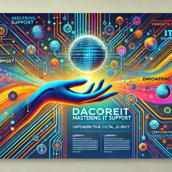 DALL·E 2024-12-23 22.17.50 - A vibrant and colorful horizontal (landscape) poster for DacoreIT with a tech-inspired design. The poster highlights the theme 'Mastering IT Support'