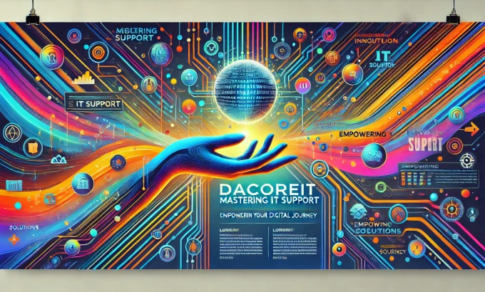 DALL·E 2024-12-23 22.17.50 - A vibrant and colorful horizontal (landscape) poster for DacoreIT with a tech-inspired design. The poster highlights the theme 'Mastering IT Support'